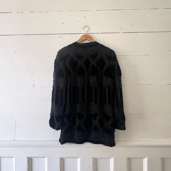 VINTAGE black tie black velvet silk cardigan size 8 - Picture 6 of 9